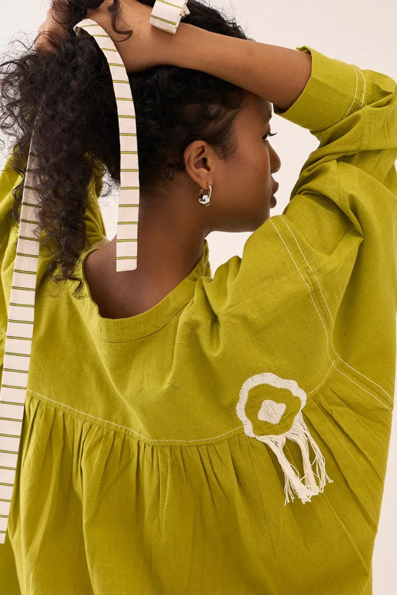 Fringe Bat Sleeve Shirt - Lime cotton by THREE for women in Singapore
