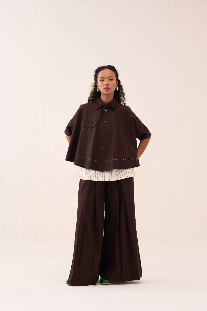 Wide Hem Shirt poplin by THREE in brown color for women in Singapore