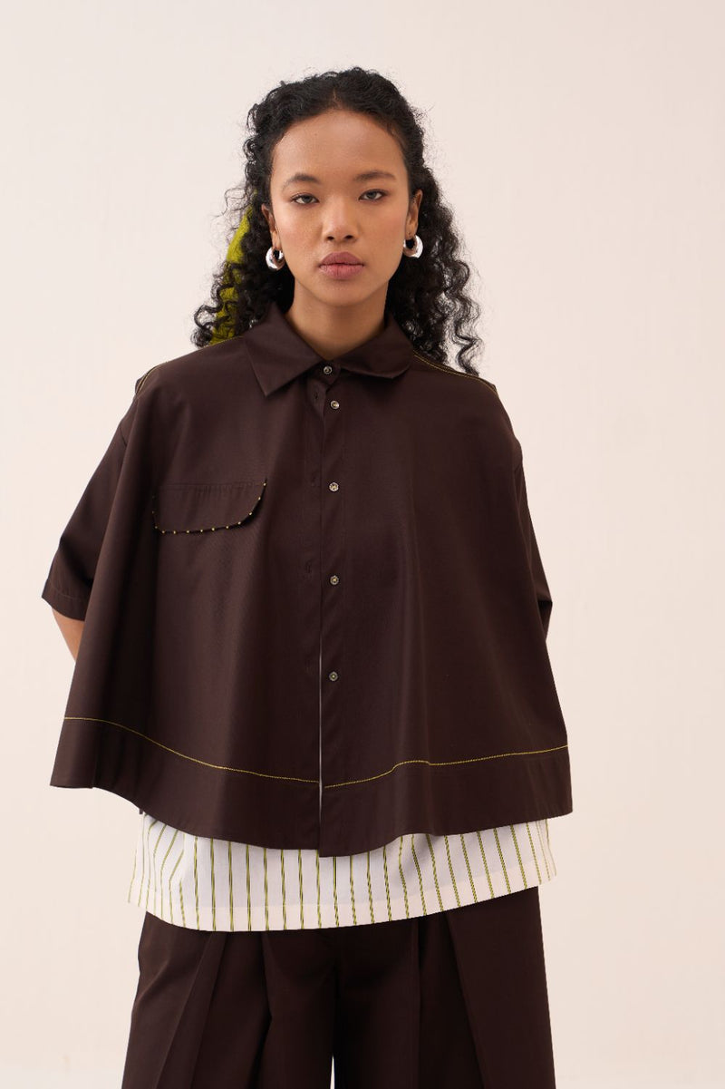 Wide Hem Shirt poplin by THREE in brown color for women in Singapore