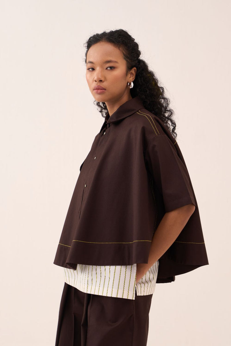 Wide Hem Shirt poplin by THREE in brown color for women in Singapore