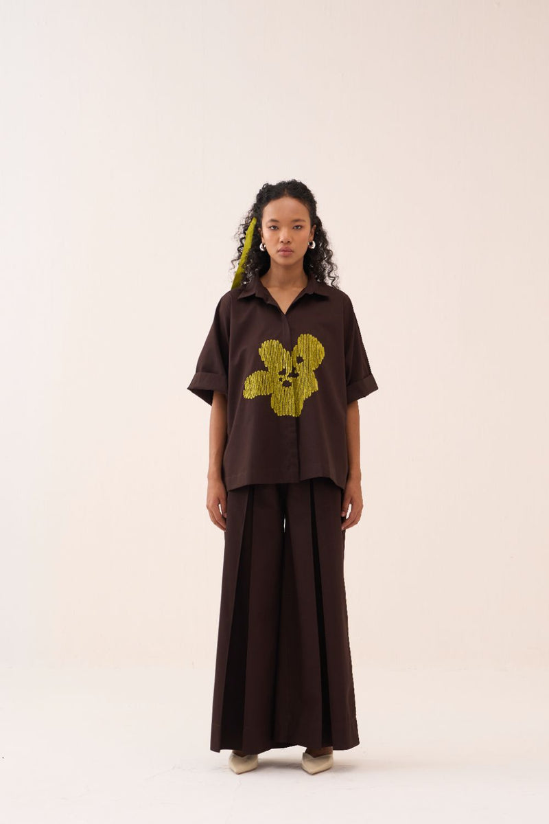 Emb. Floral Shirt poplin by THREE in brown color for women in Singapore