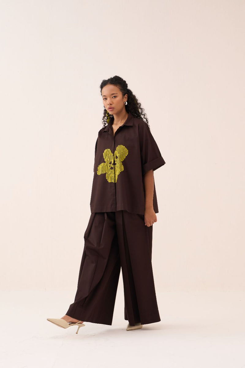 Emb. Floral Shirt poplin by THREE in brown color for women in Singapore
