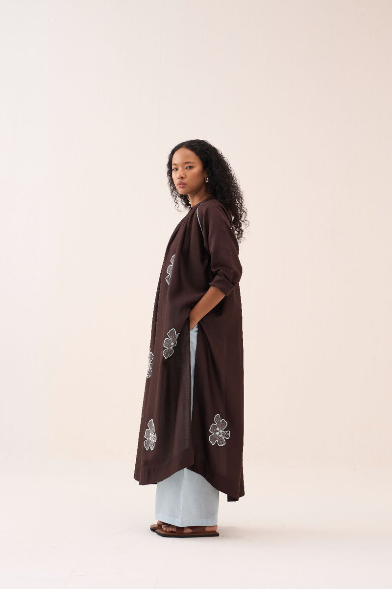 Floral Emb. Gather Neck Shirt Co-Ord (Set Of 3) chanderi by THREE in brown color for women in Singapore