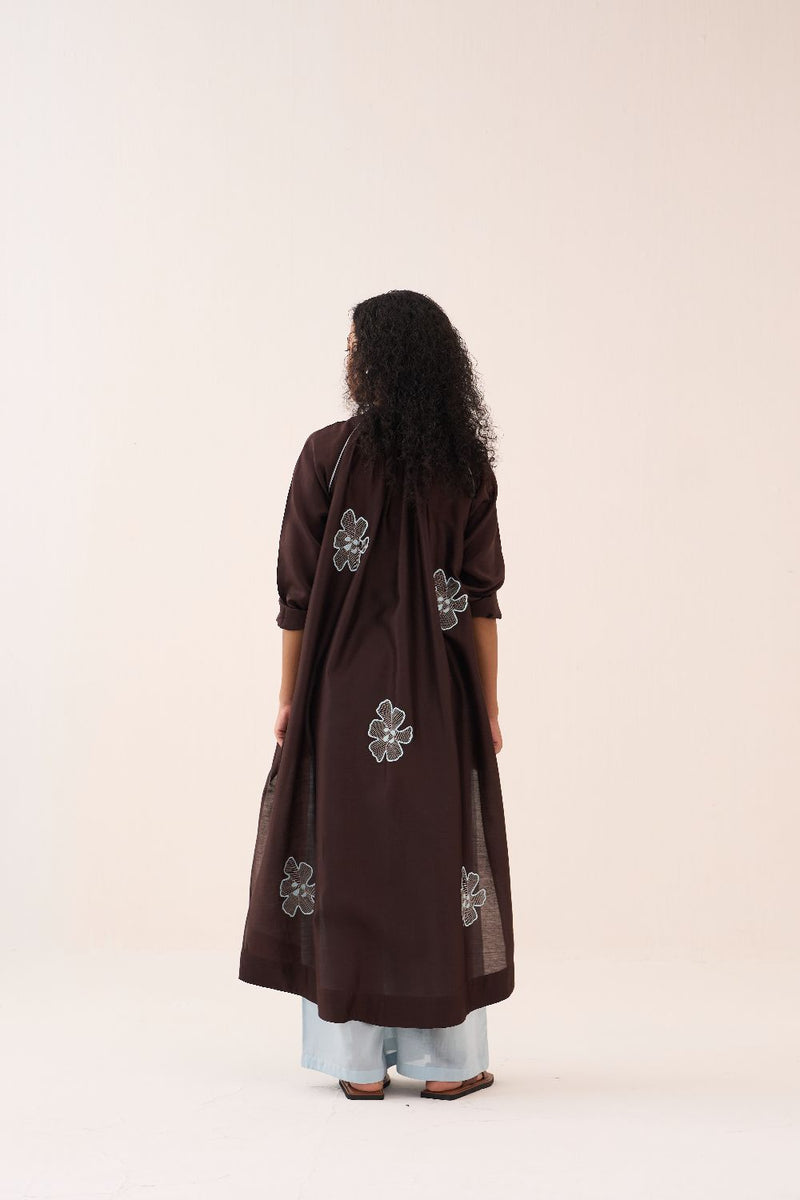 Floral Emb. Gather Neck Shirt Co-Ord (Set Of 3) chanderi by THREE in brown color for women in Singapore