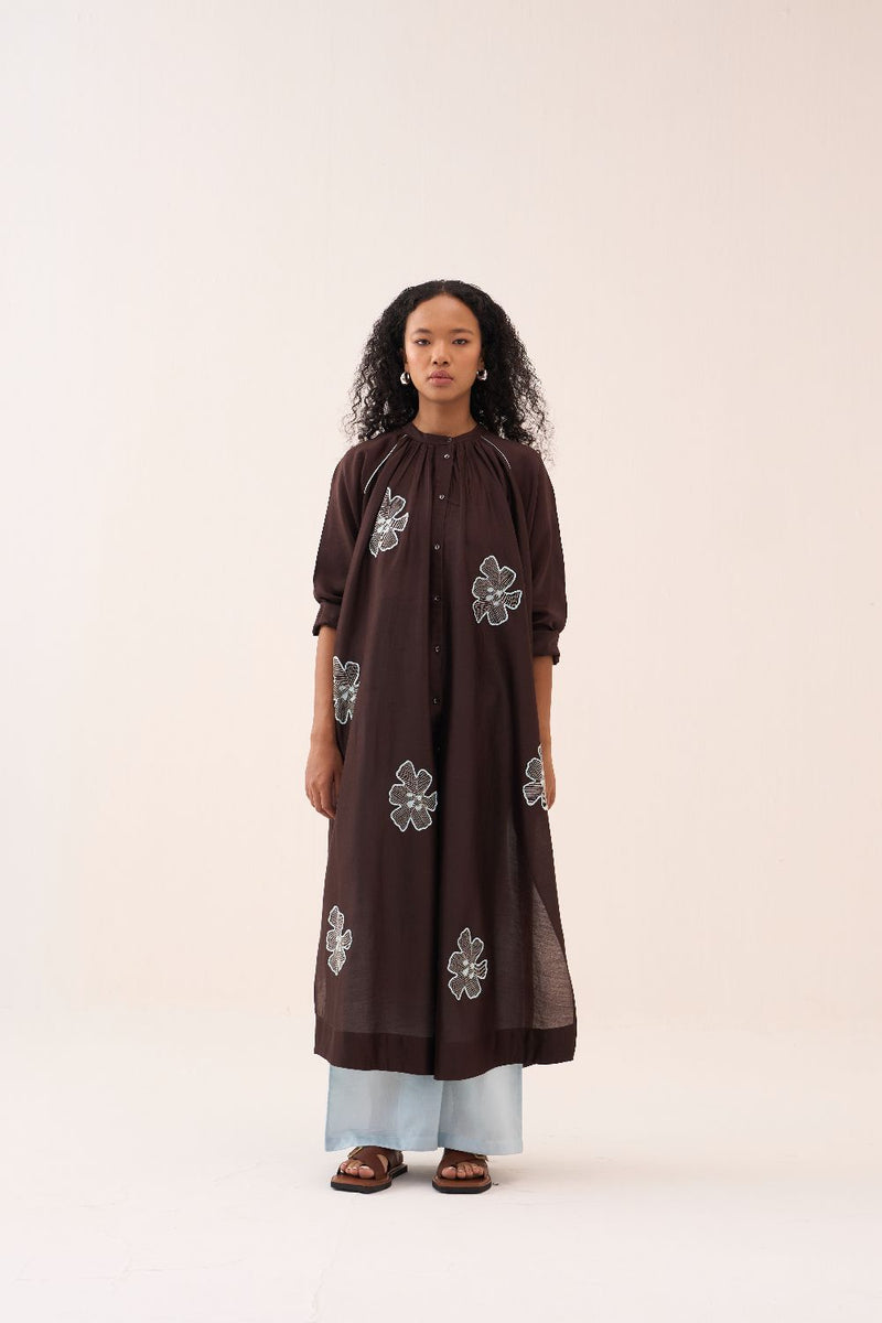 Floral Emb. Gather Neck Shirt Co-Ord (Set Of 3) chanderi by THREE in brown color for women in Singapore