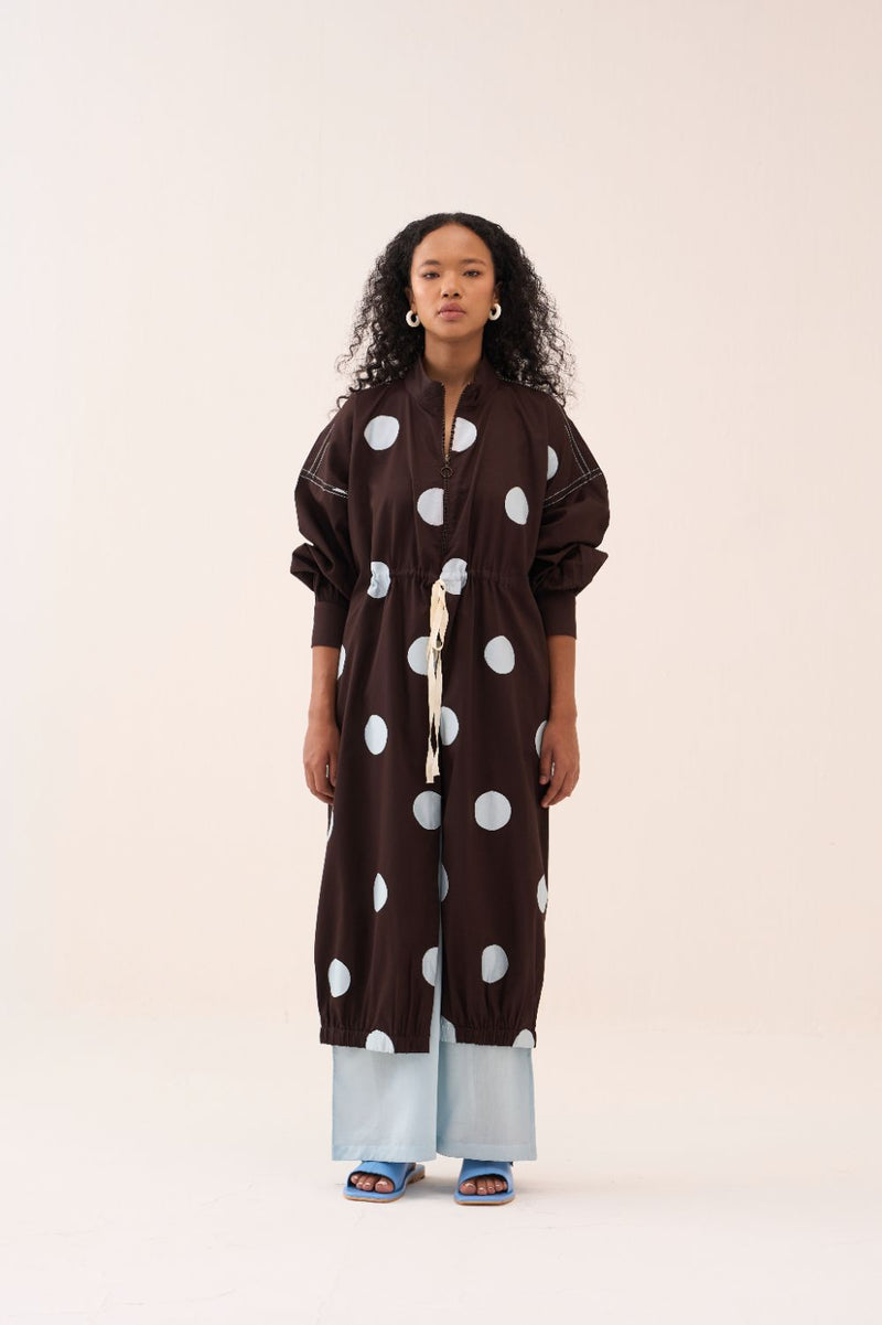 Polka Drawstring Tunic poplin by THREE in brown color for women in Singapore