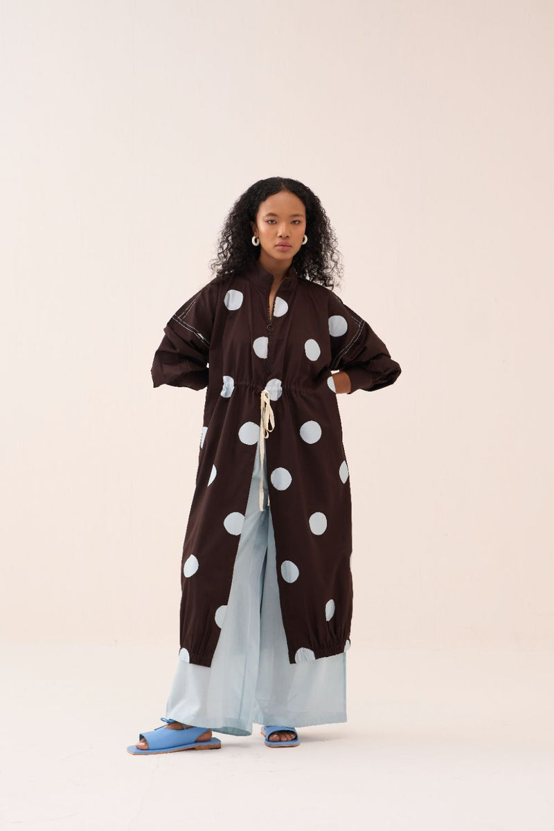 Polka Drawstring Tunic poplin by THREE in brown color for women in Singapore