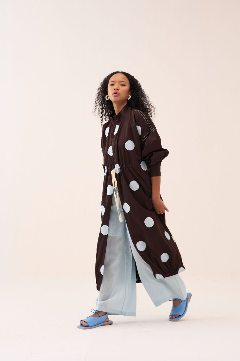 Polka Drawstring Tunic poplin by THREE in brown color for women in Singapore