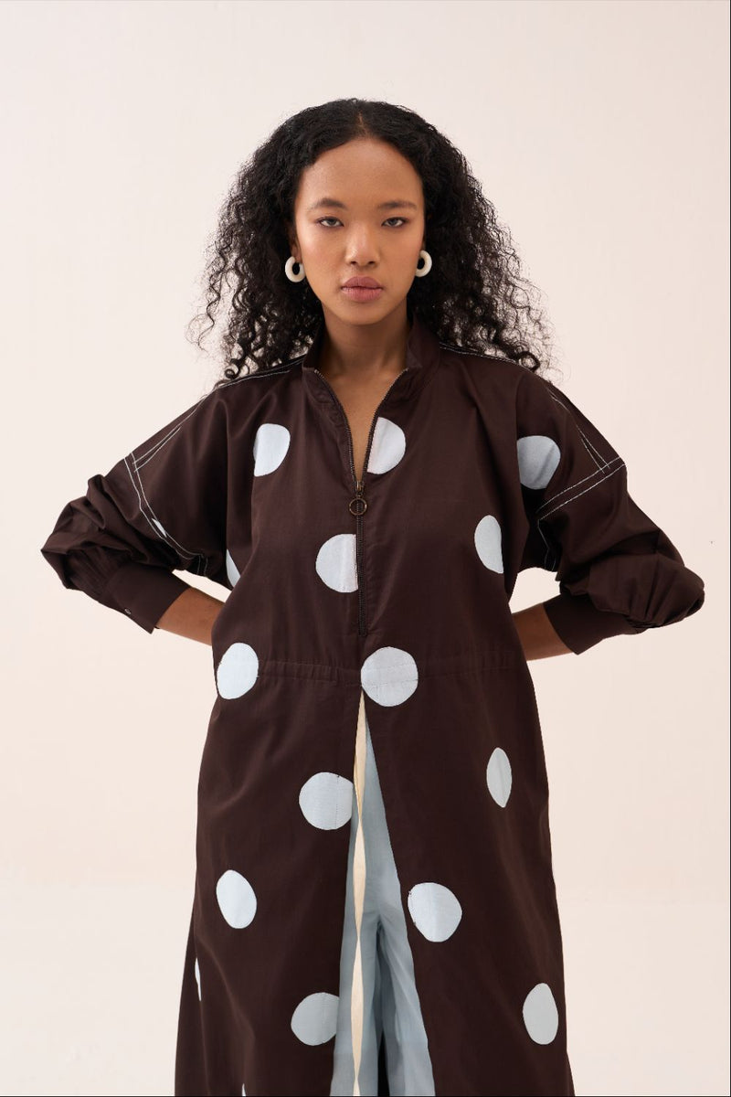 Polka Drawstring Tunic poplin by THREE in brown color for women in Singapore