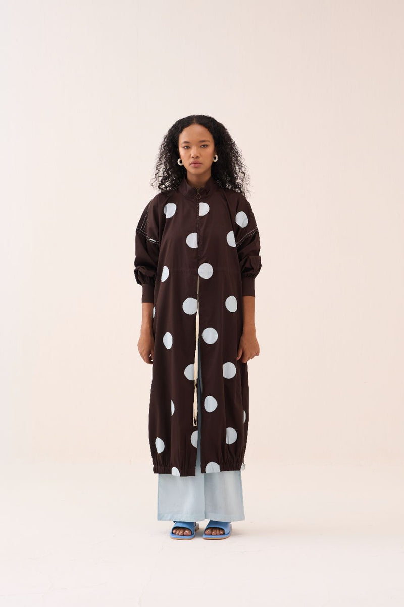 Polka Drawstring Tunic poplin by THREE in brown color for women in Singapore