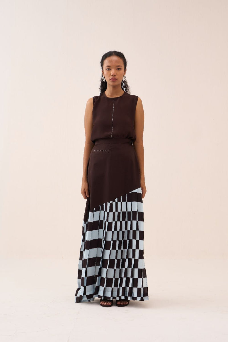 Checkered Skirt poplin by THREE in brown color for women in Singapore
