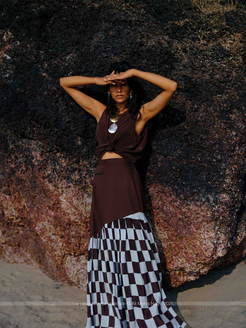 Checkered Skirt poplin by THREE in brown color for women in Singapore