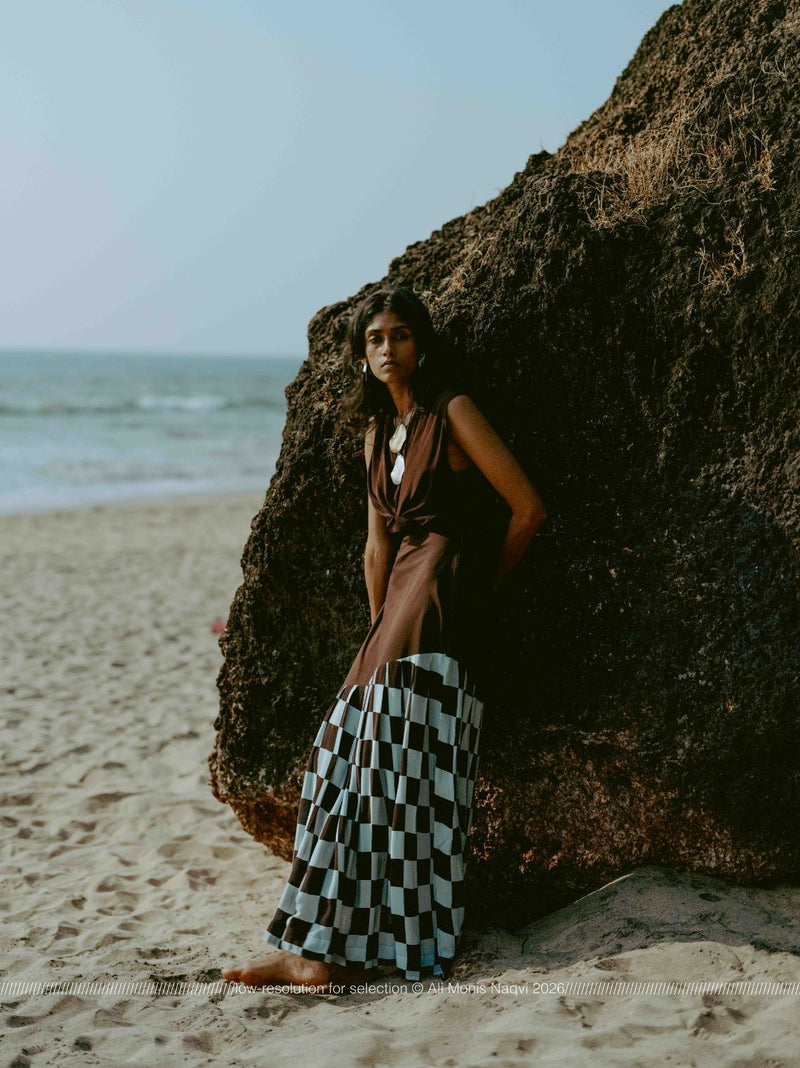 Checkered Skirt poplin by THREE in brown color for women in Singapore