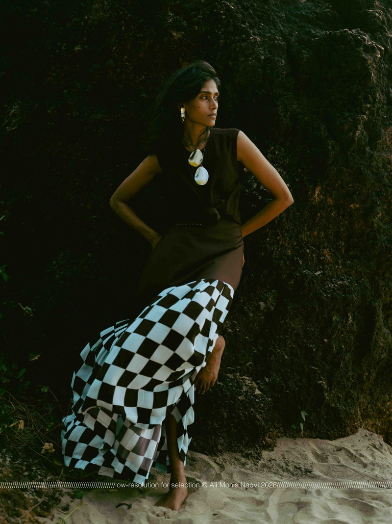 Checkered Skirt poplin by THREE in brown color for women in Singapore
