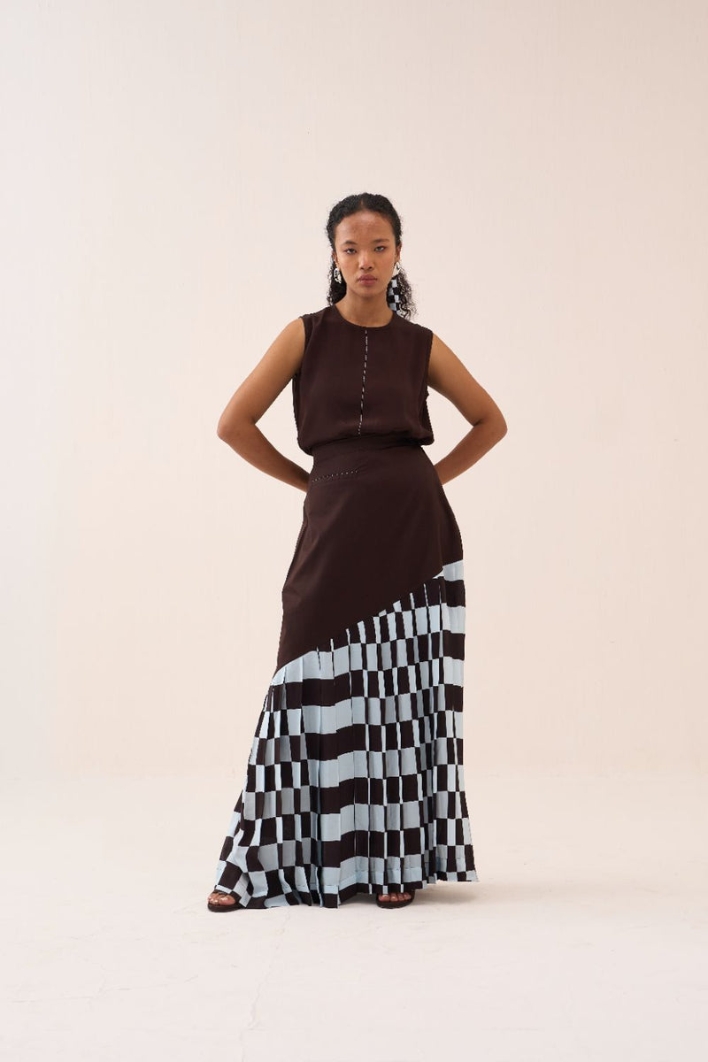 Checkered Skirt poplin by THREE in brown color for women in Singapore