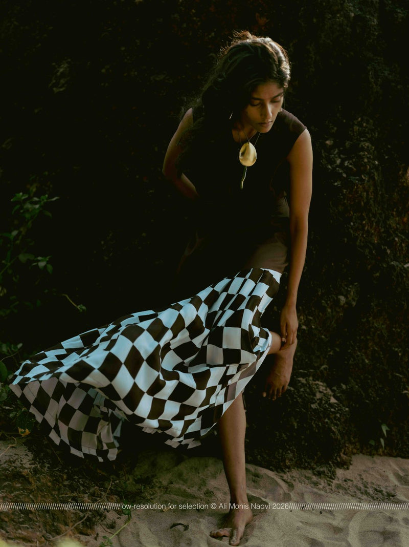 Checkered Skirt poplin by THREE in brown color for women in Singapore