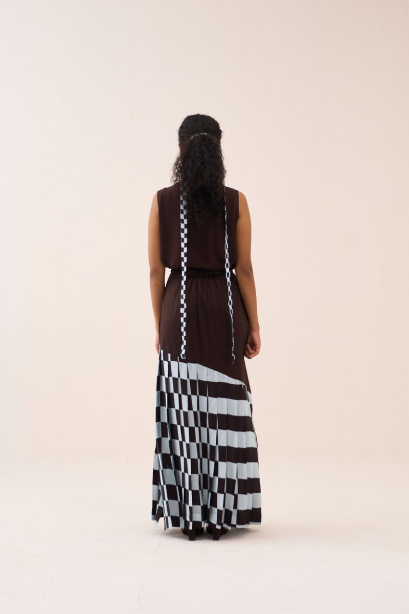 Checkered Skirt poplin by THREE in brown color for women in Singapore