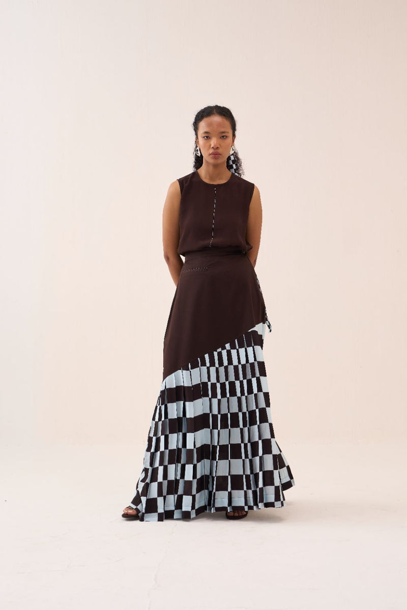 Checkered Skirt poplin by THREE in brown color for women in Singapore