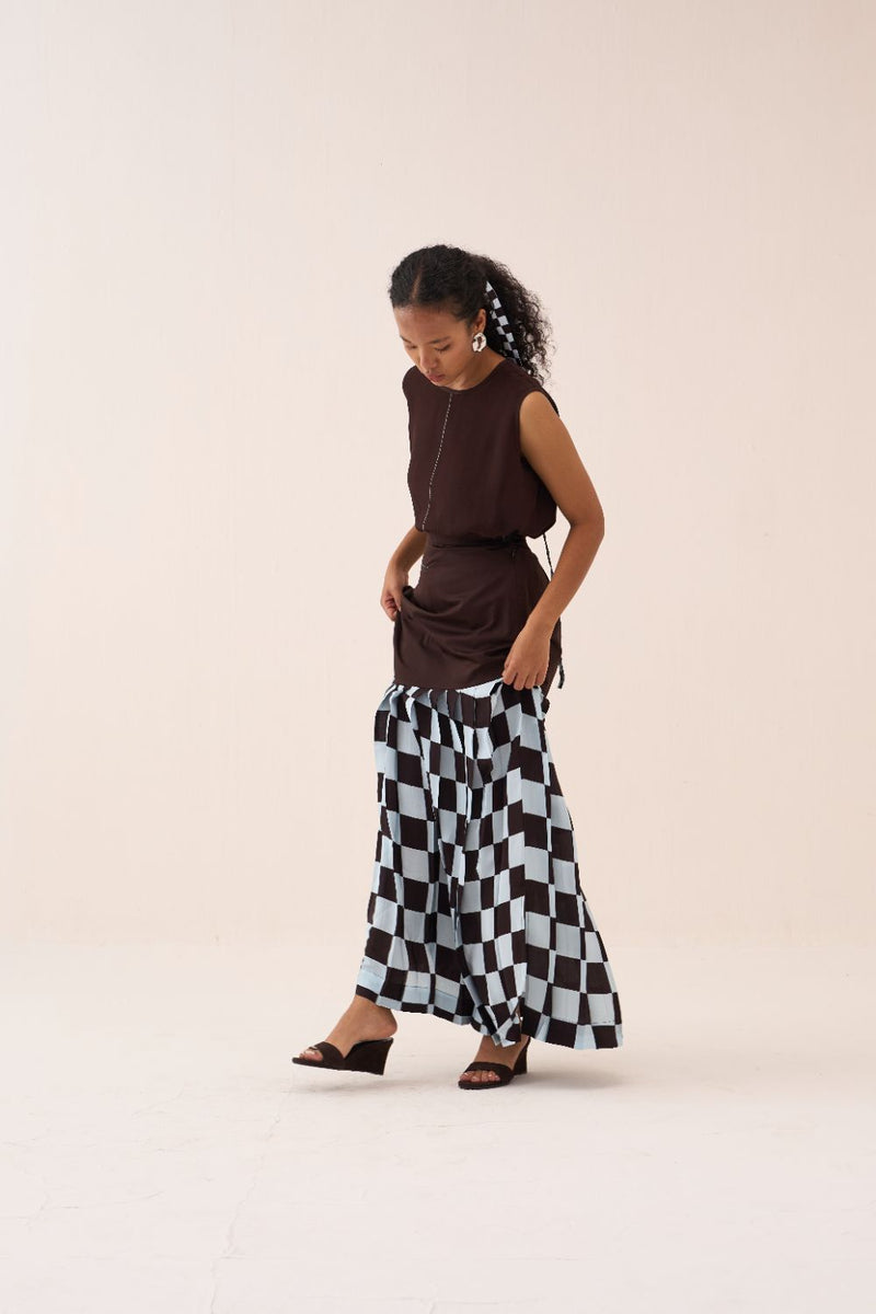 Checkered Skirt poplin by THREE in brown color for women in Singapore