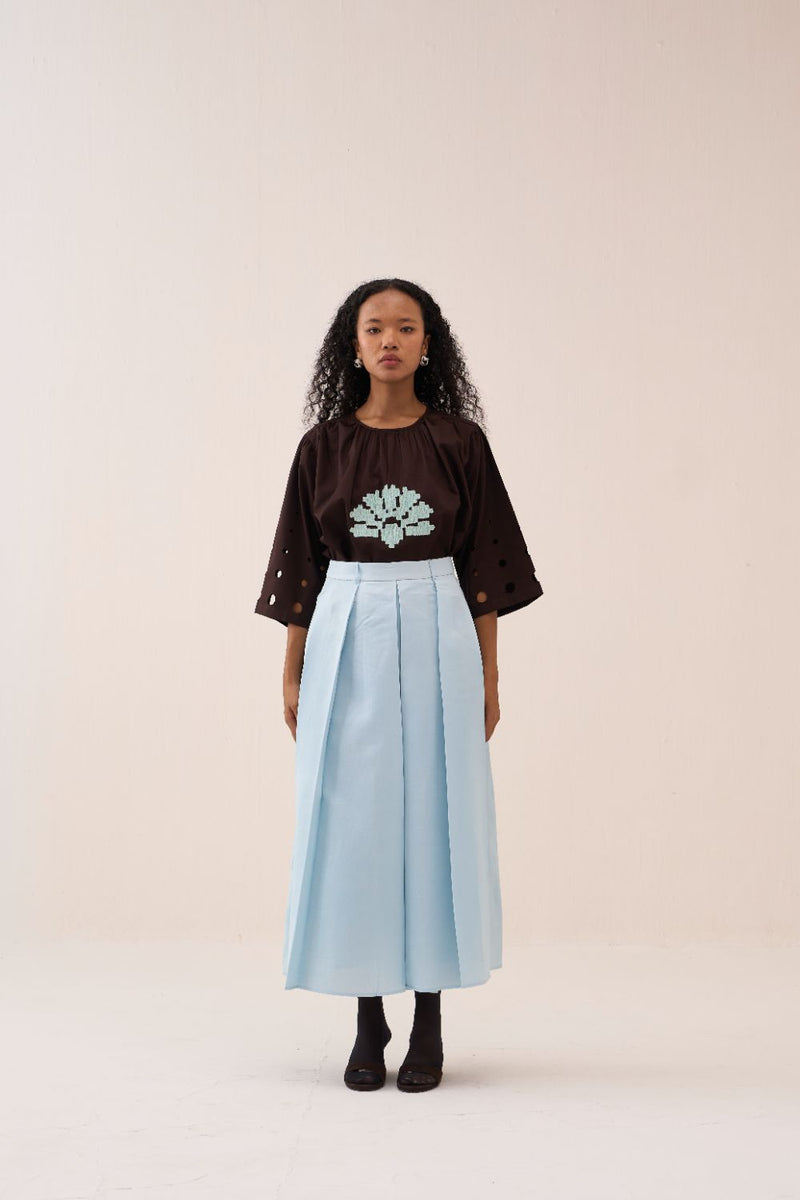 Gathered Emb. Top poplin by THREE in brown color for women in Singapore