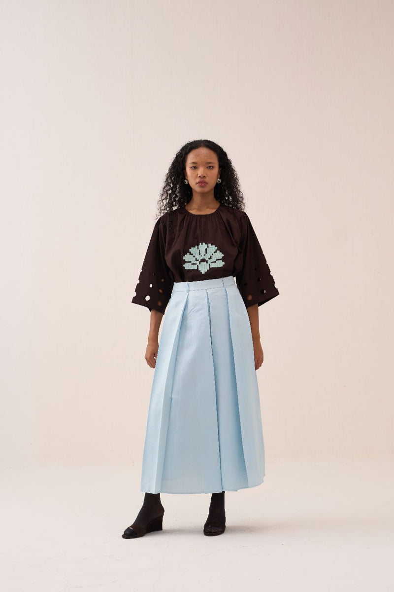 Pleated Skirt chanderi by THREE in blue color for women in Singapore