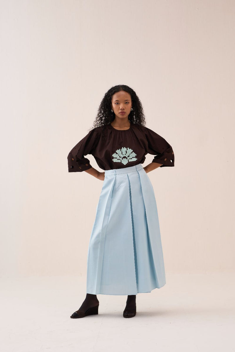 Pleated Skirt chanderi by THREE in blue color for women in Singapore