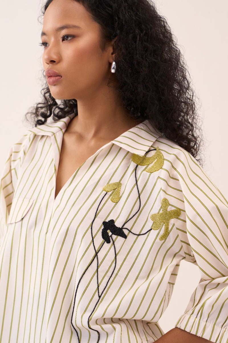 Beaded V-Neck Top poplin by THREE in beige color for women in Singapore