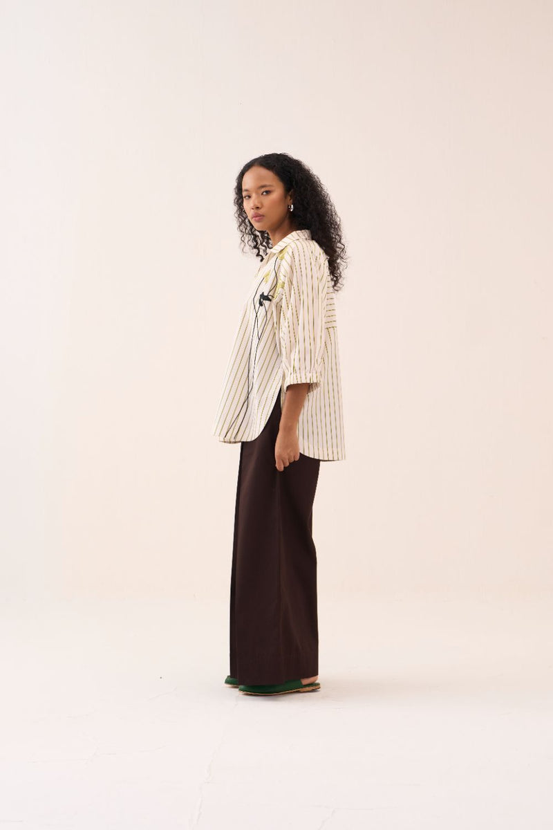 Beaded V-Neck Top poplin by THREE in beige color for women in Singapore