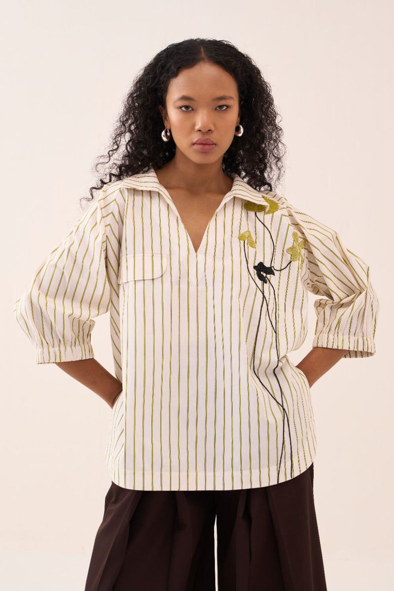 Beaded V-Neck Top poplin by THREE in beige color for women in Singapore