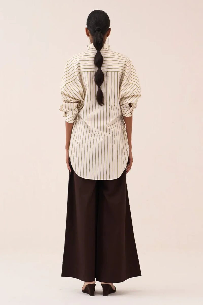 Side Drawstring Stripe Shirt poplin by THREE in beige color for women in Singapore