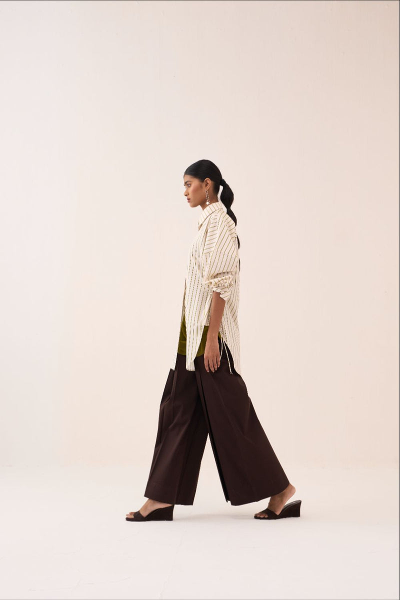 Side Drawstring Stripe Shirt poplin by THREE in beige color for women in Singapore