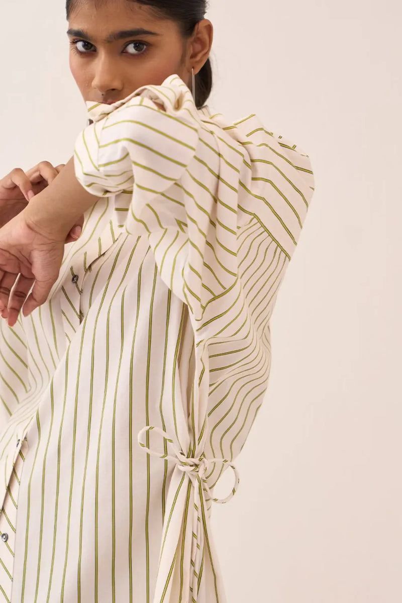 Side Drawstring Stripe Shirt poplin by THREE in beige color for women in Singapore