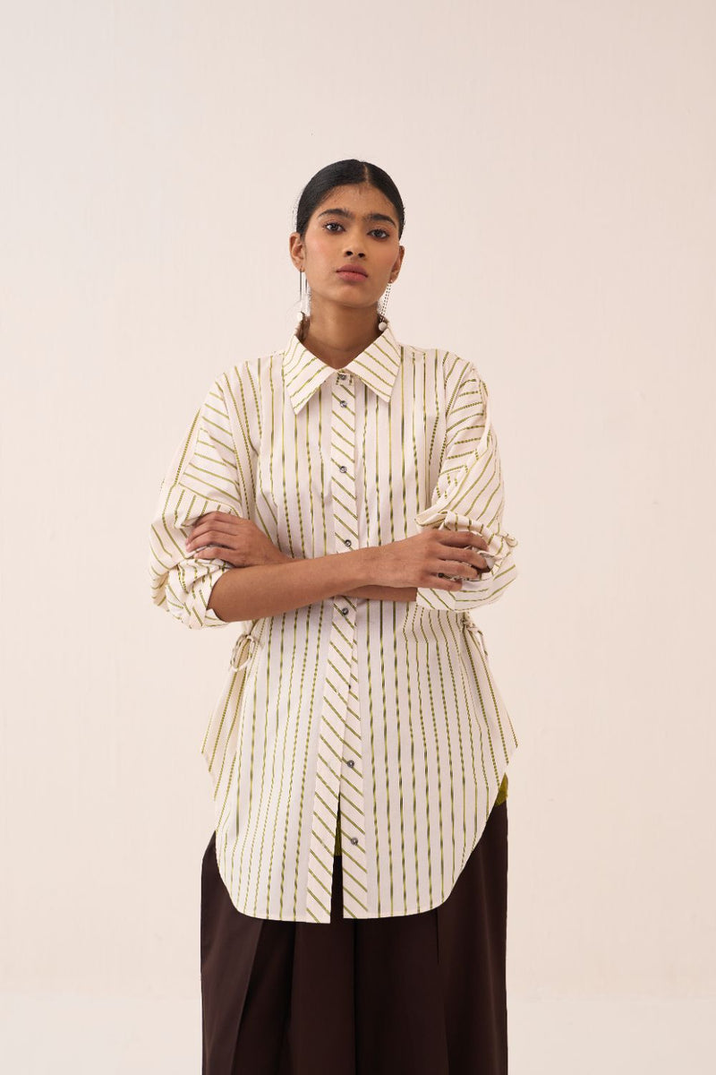 Side Drawstring Stripe Shirt poplin by THREE in beige color for women in Singapore