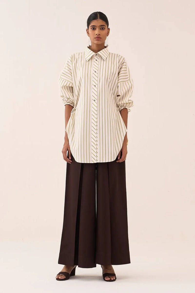 Side Drawstring Stripe Shirt poplin by THREE in beige color for women in Singapore