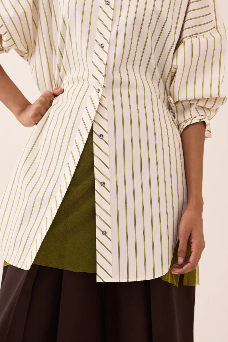 Side Drawstring Stripe Shirt poplin by THREE in beige color for women in Singapore