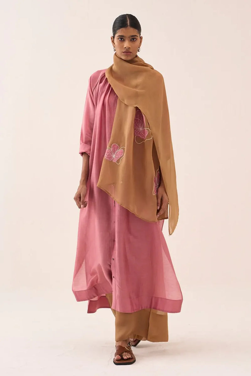 Gather Neck Shirt Co-Ord (Set Of 3) chanderi by THREE in sand color for women in Singapore