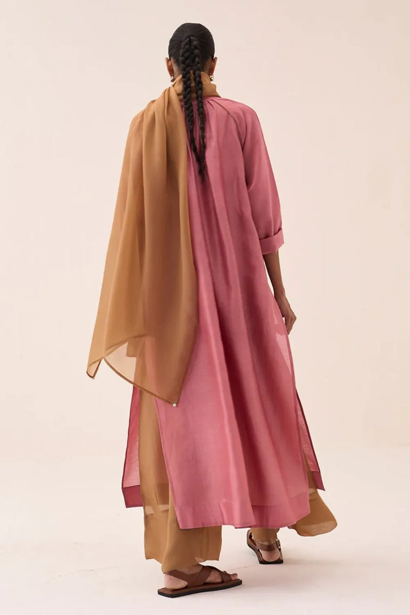 Gather Neck Shirt Co-Ord (Set Of 3) chanderi by THREE in sand color for women in Singapore