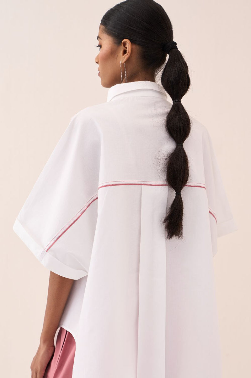 U-Hem Circle Emb. Shirt poplin by THREE in white color for women in Singapore