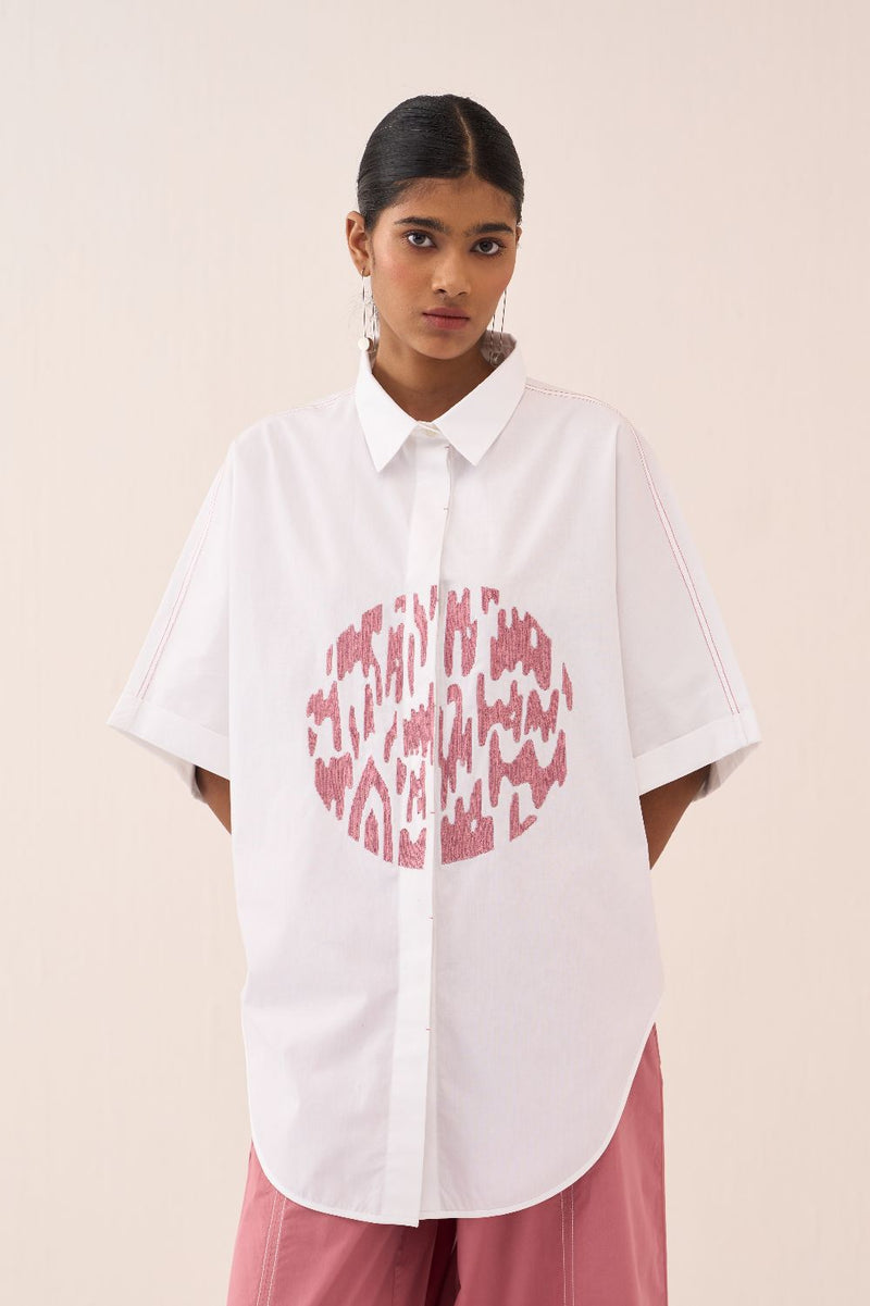 U-Hem Circle Emb. Shirt poplin by THREE in white color for women in Singapore