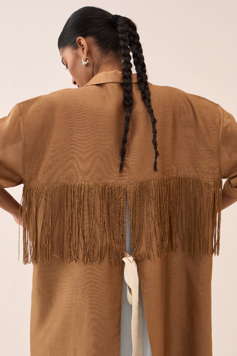 Back Tie Overlay Jacket (Set Of 3) chanderi by THREE in sand color for women in Singapore