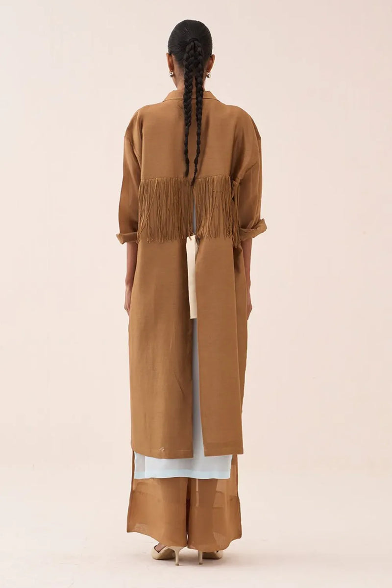 Back Tie Overlay Jacket chanderi by THREE in sand color for women in Singapore