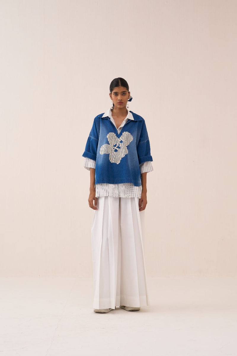 Floral Emb. V Neck Top by THREE in blue color for women in Singapore