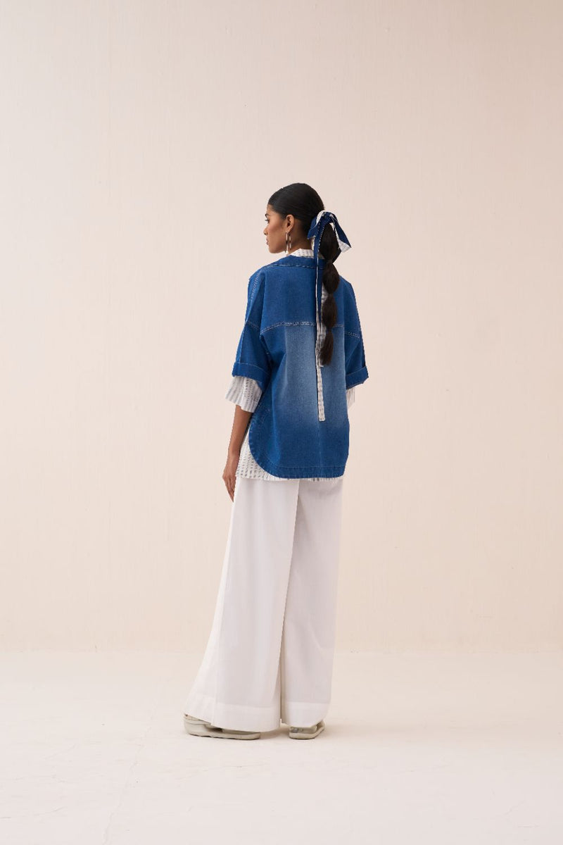 Floral Emb. V Neck Top by THREE in blue color for women in Singapore