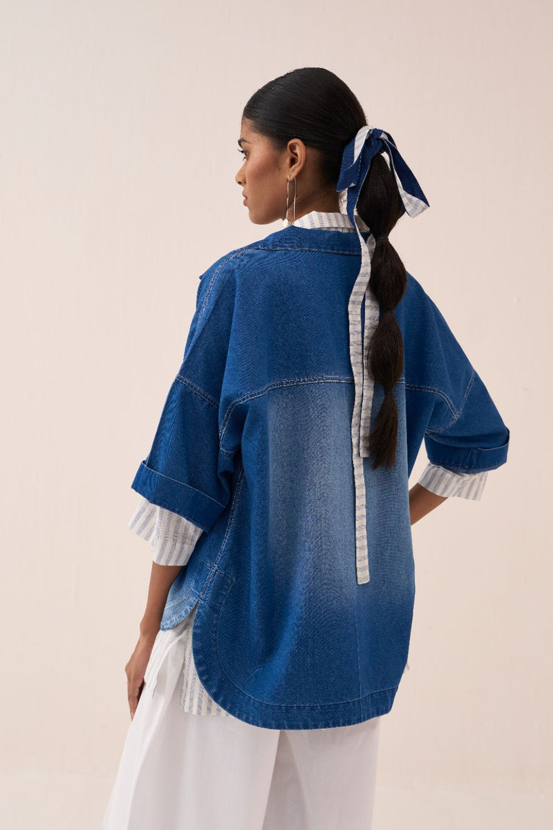 Floral Emb. V Neck Top by THREE in blue color for women in Singapore