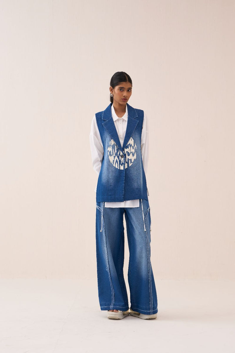 Denim Circle Waistcoat Co-Ord (Set Of 3) by THREE in white color for women in Singapore