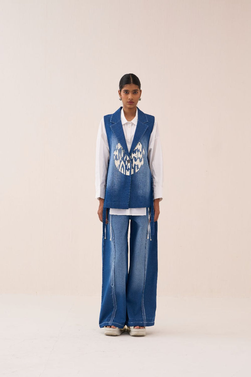 Denim Circle Waistcoat Co-Ord (Set Of 3) by THREE in white color for women in Singapore