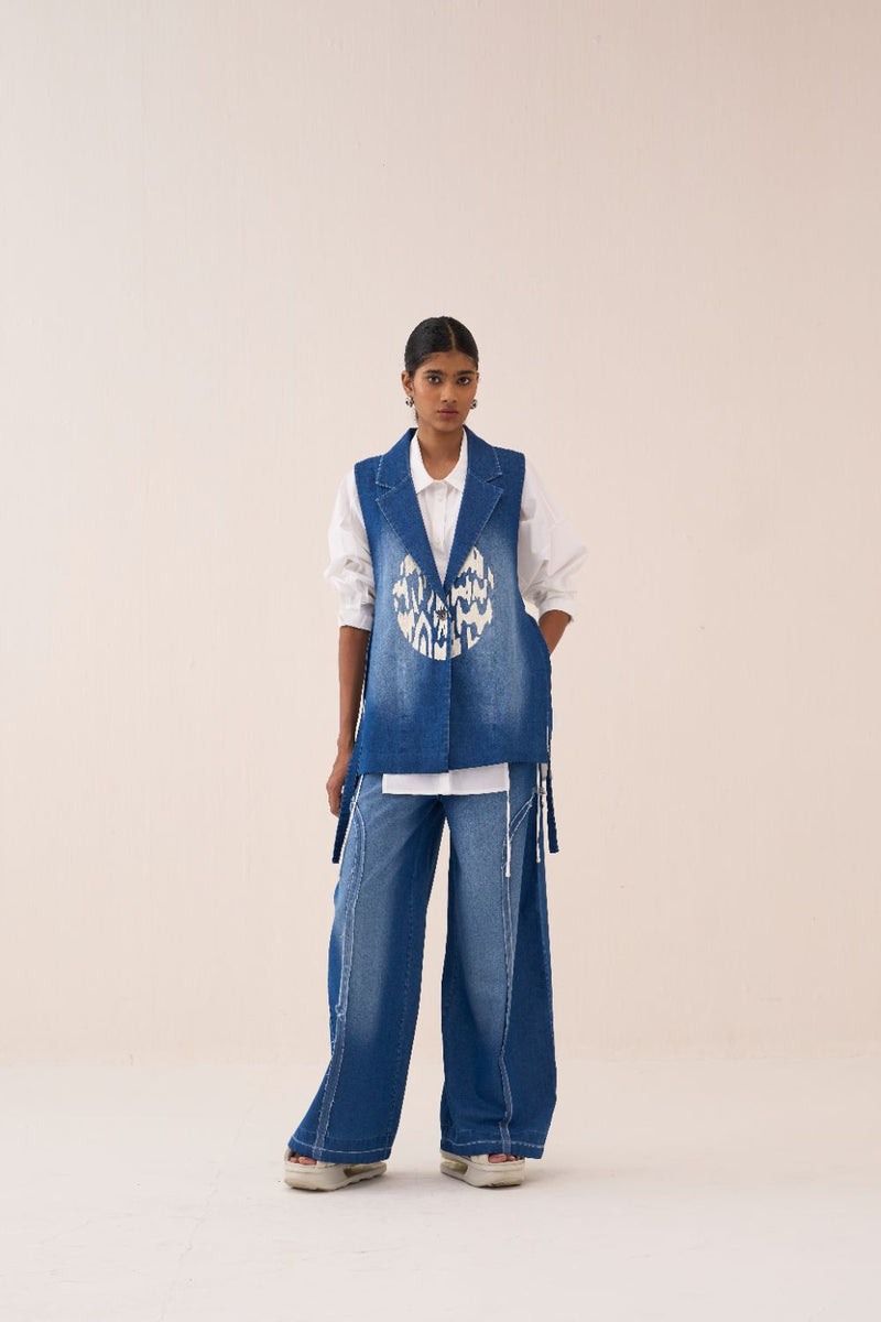 Denim Circle Waistcoat Co-Ord (Set Of 3) by THREE in white color for women in Singapore