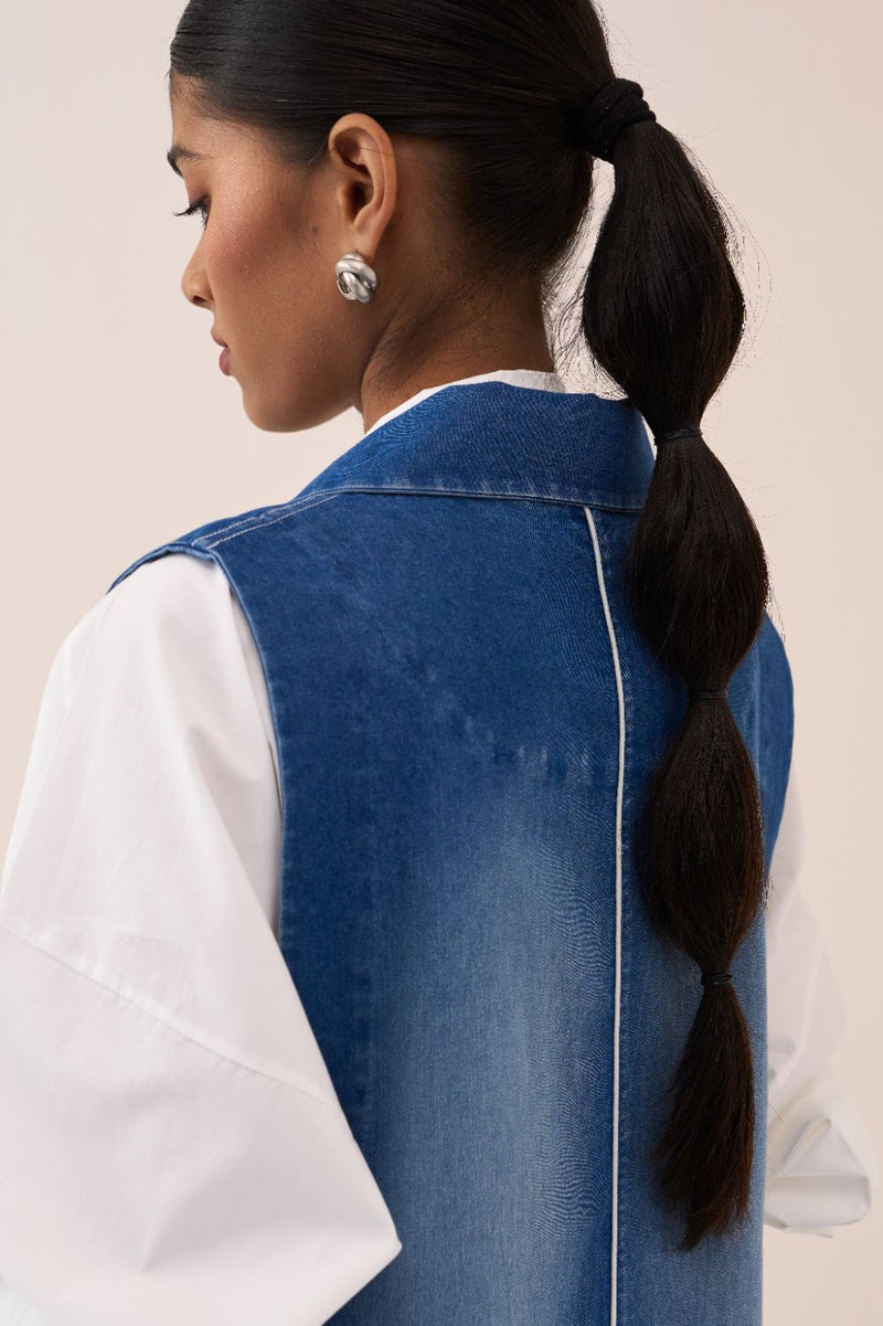 Denim Circle Waistcoat Co-Ord (Set Of 3) by THREE in white color for women in Singapore