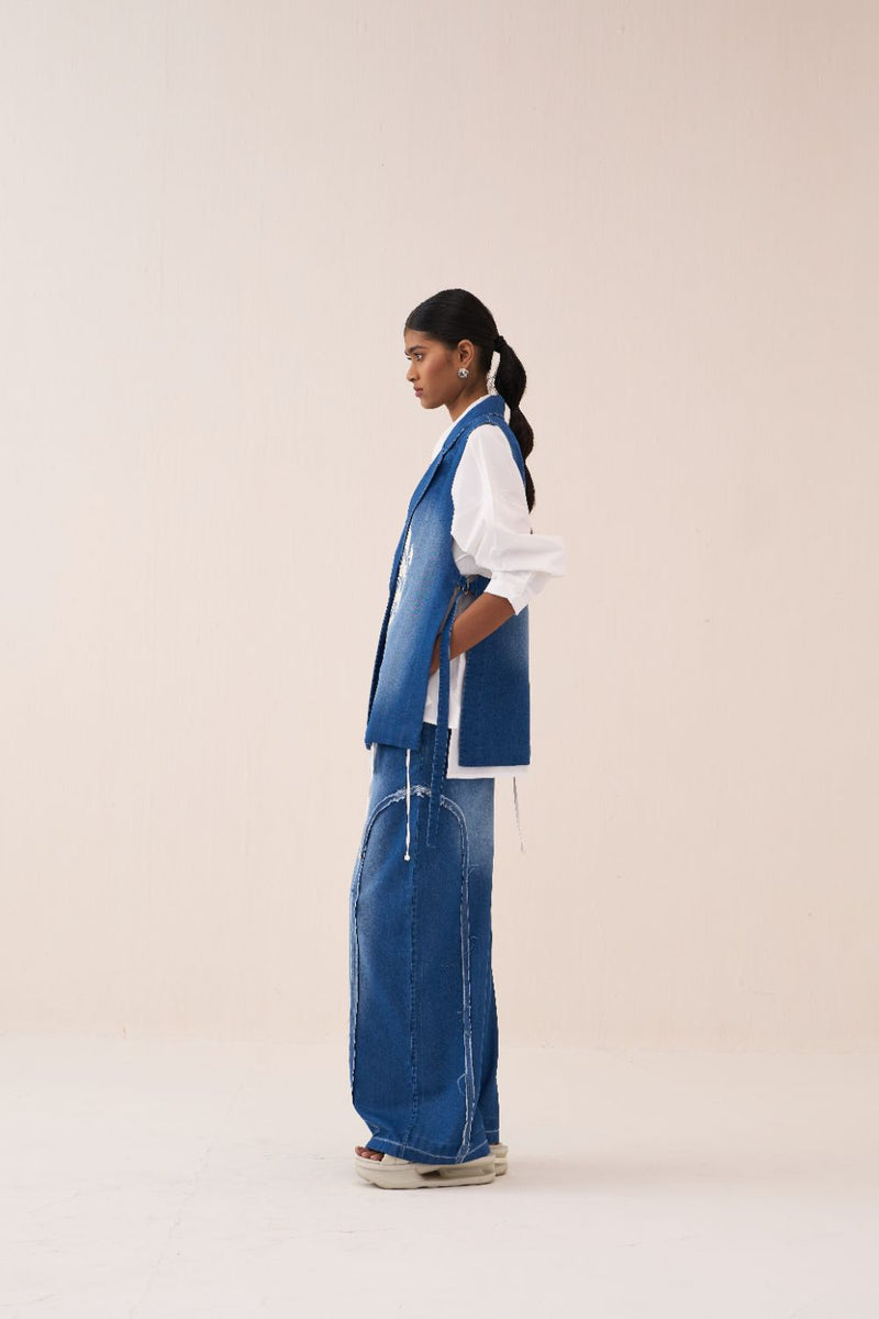 Denim Circle Waistcoat Co-Ord (Set Of 3) by THREE in white color for women in Singapore