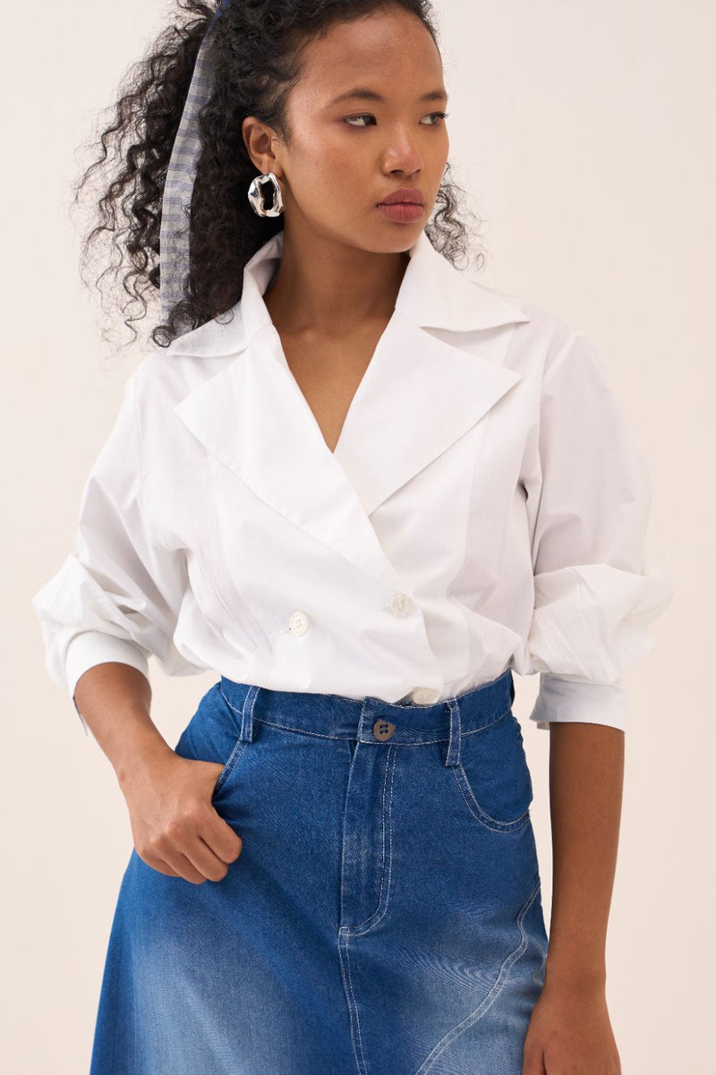 Double Breasted Collared Shirt poplin by THREE in white color for women in Singapore